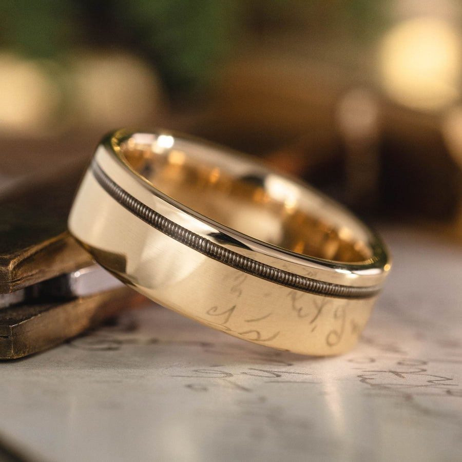 the-songwriter-mens-gold-guitar-string-inlay-wedding-band :: Shown in 8mm Wide | Yellow Gold