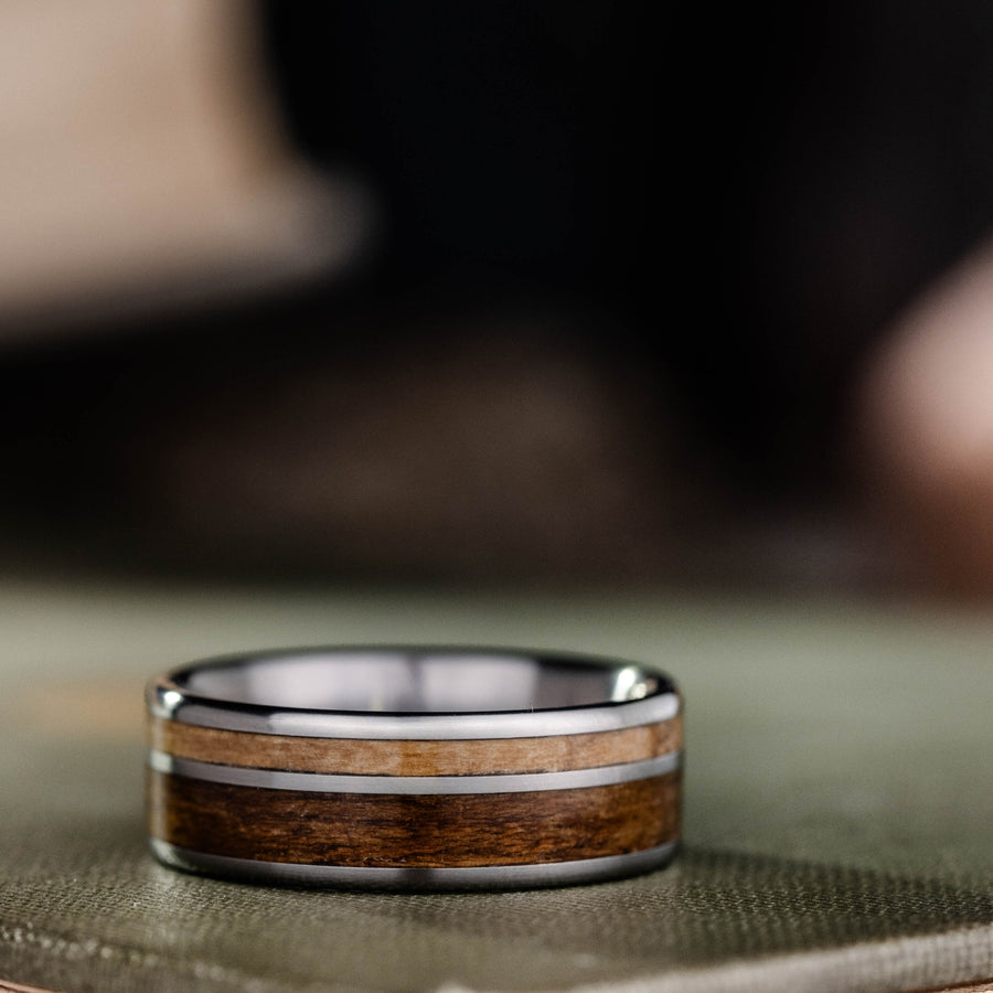 the-teak-and-whiskey-mens-titanium-wedding-band-uss-north-carolina-battleship-teak-wood-whiskey-barrel-wood-rustic-and-main-rings