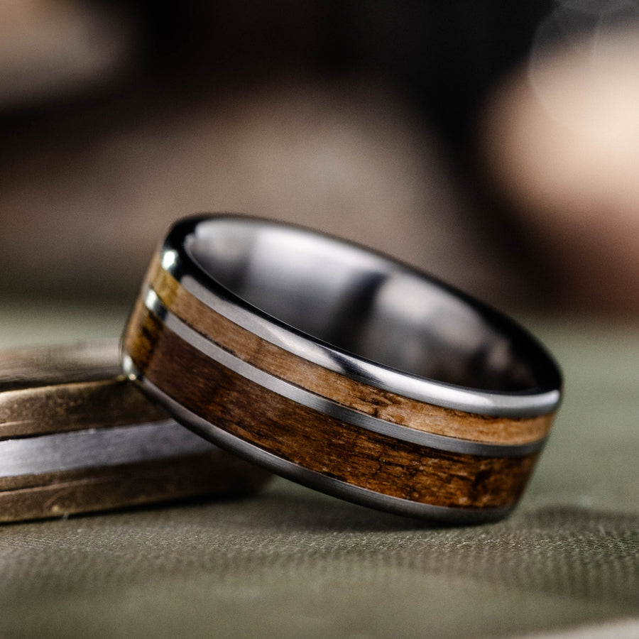 the-teak-and-whiskey-mens-titanium-wedding-band-uss-north-carolina-battleship-teak-wood-whiskey-barrel-wood-rustic-and-main-rings