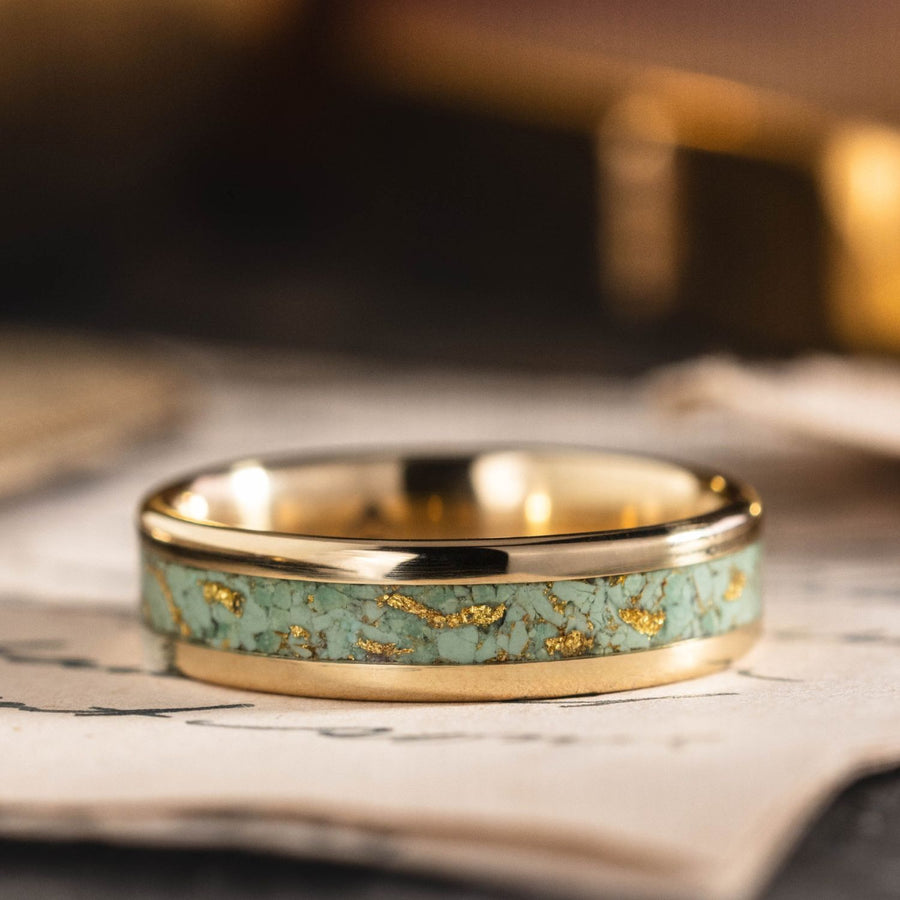 the-thunderbird-mens-solid-gold-green-sonoran-turquoise-ring-gold-flakes