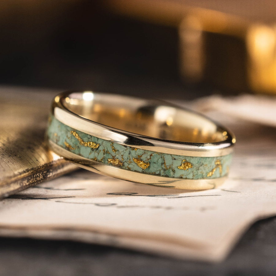 the-thunderbird-mens-solid-gold-green-sonoran-turquoise-ring-gold-flakes