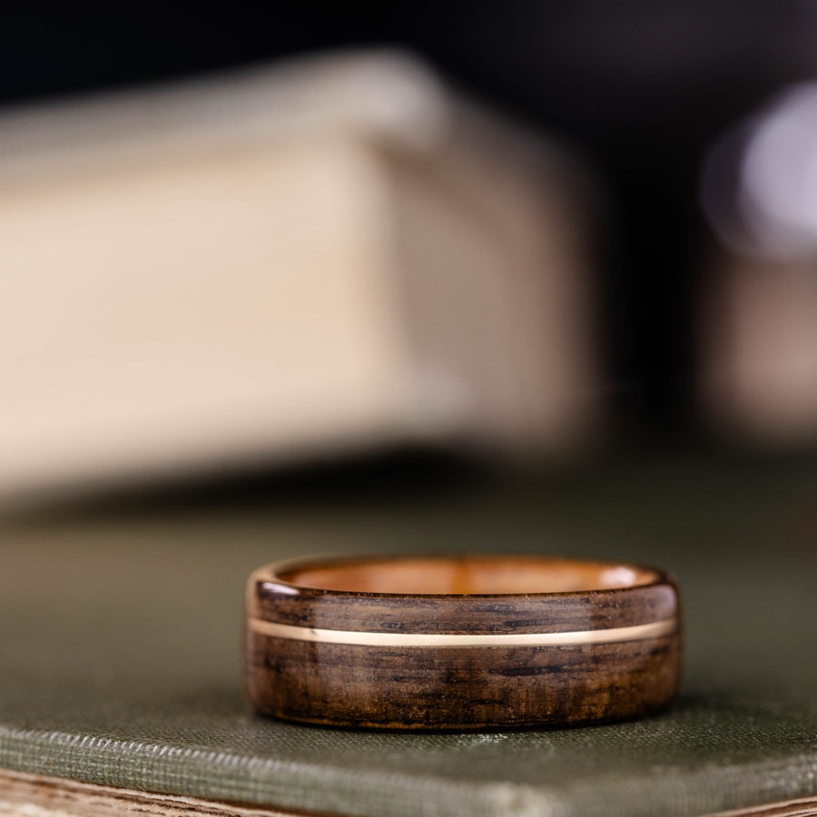 The USS New Jersey |  Men's Battleship Teak Wood Wedding Band with Whiskey Barrel Liner & Metal Inlay