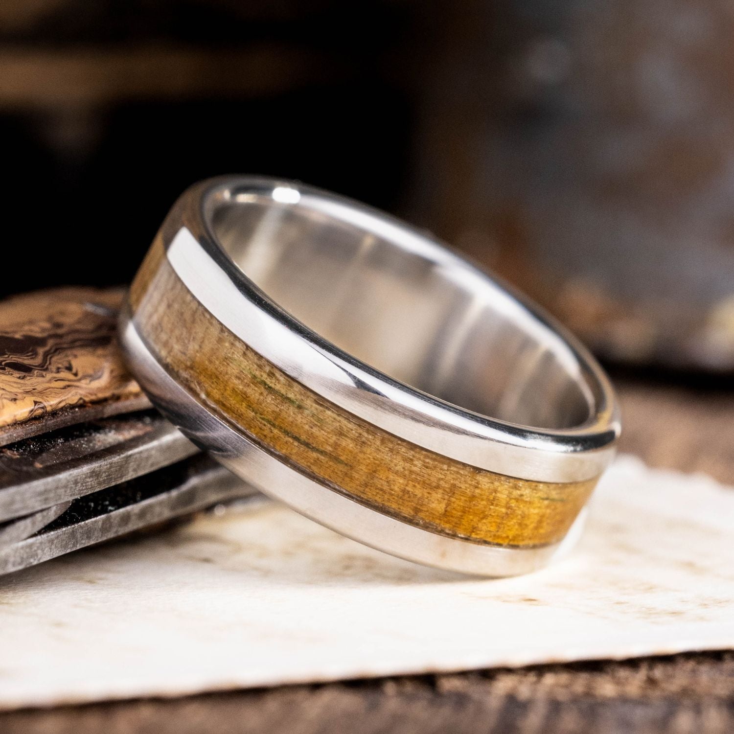 The USS Texas | Men's Gold Wedding Band with Battleship Wood Inlay