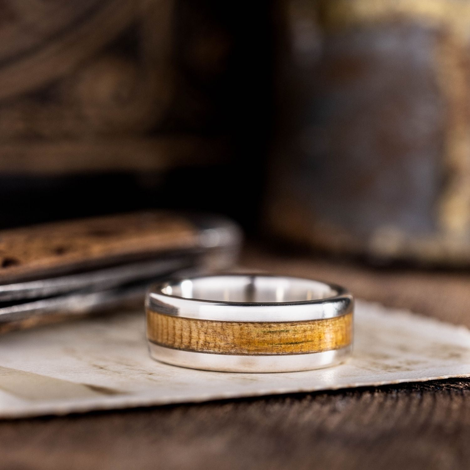 The USS Texas | Men's Gold Wedding Band with Battleship Wood Inlay