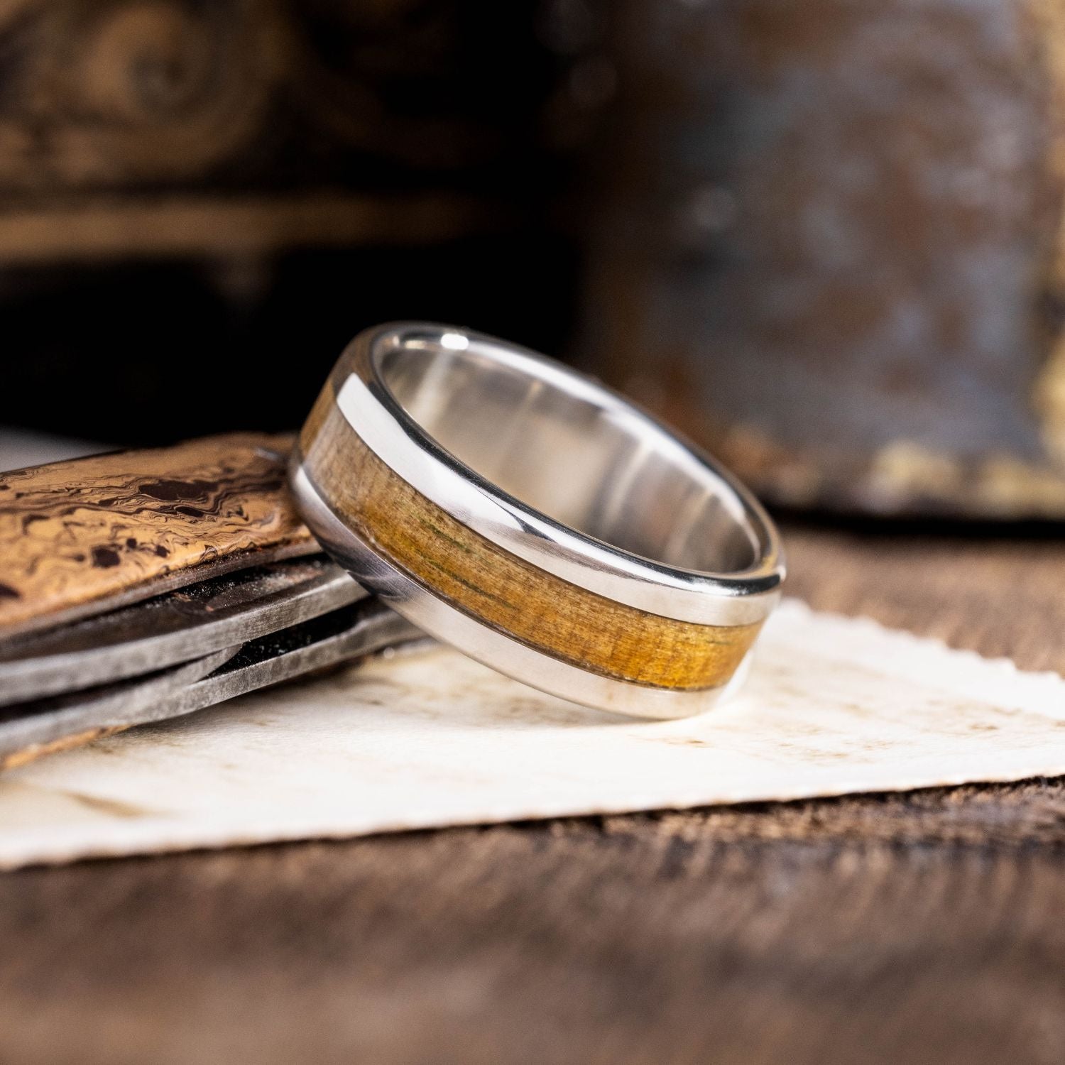 The USS Texas | Men's Gold Wedding Band with Battleship Wood Inlay