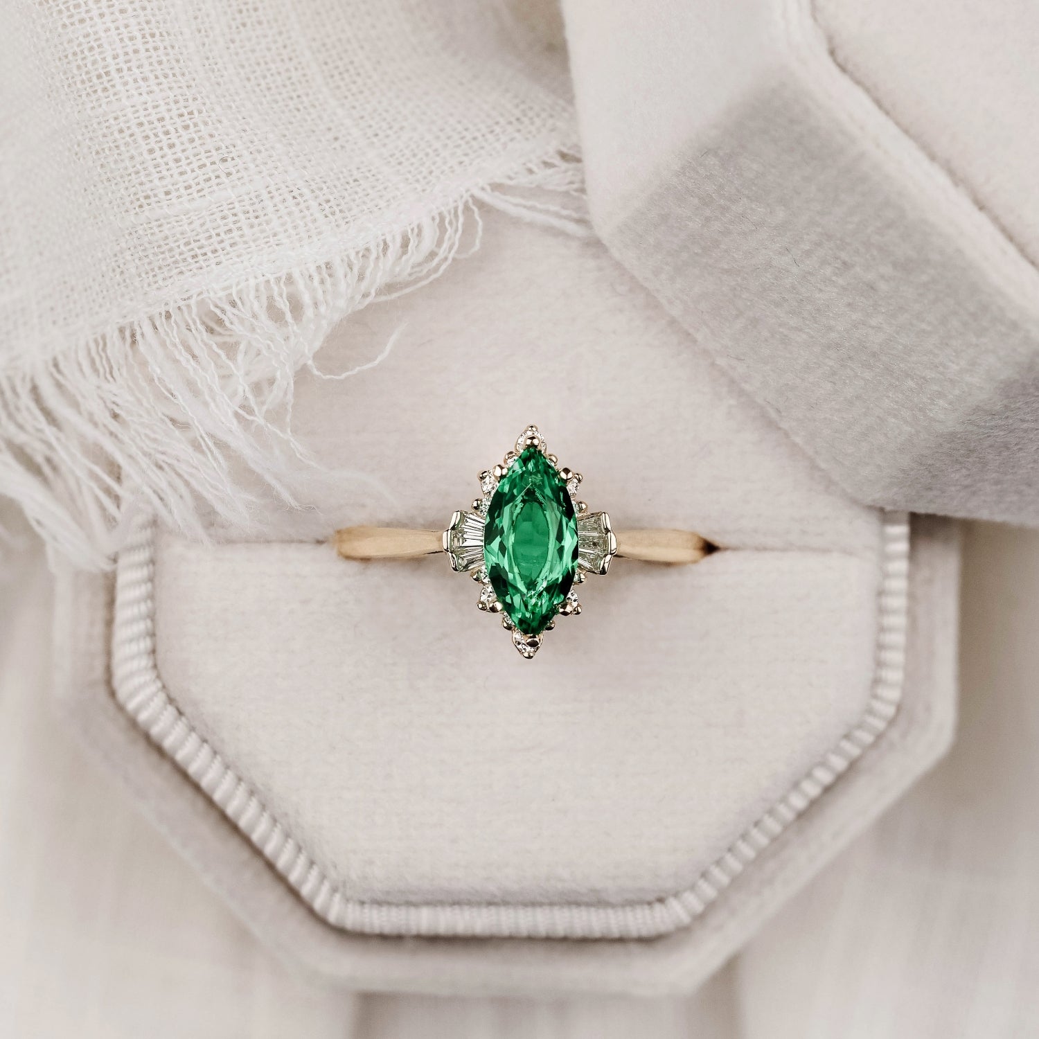 The Verdeline - Green Emerald Marquise Engagement Ring with Natural Di ...