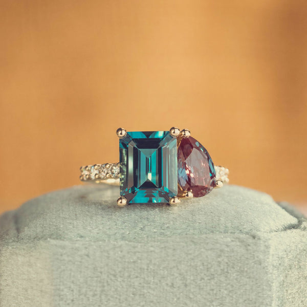 toi-et-moi-engagement-ring-pear-shaped-alexandrite-emerald-cut-london-blue-topaz-the-elara-rustic-and-main