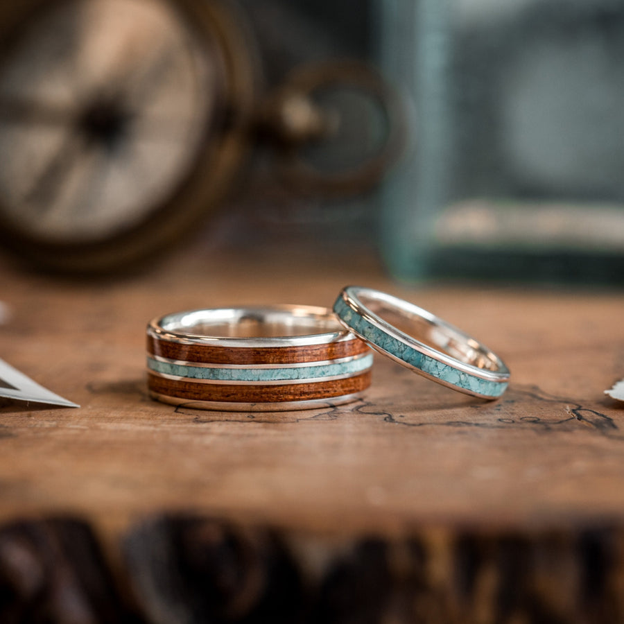 The Arizonan | Men's Silver Wedding Band with Arizona Mesquite Wood & Turquoise