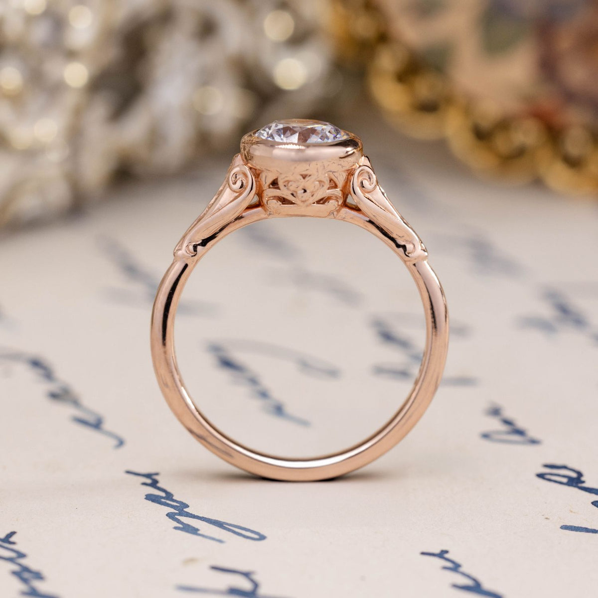 The Elaina | Vintage-Inspired Round Diamond Engagement Ring with Bezel Setting, Filigree & Diamond Accents | Rustic and Main