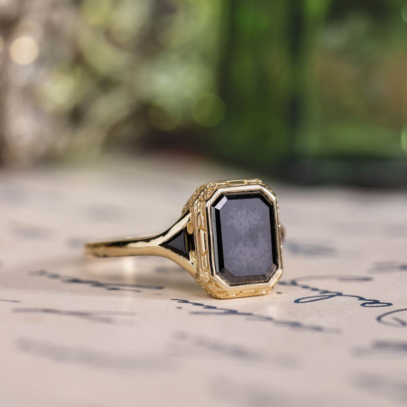 vintage-inspired-black-diamond-engagement-ring-black-spinel-accents-the-isolde-rustic-and-main