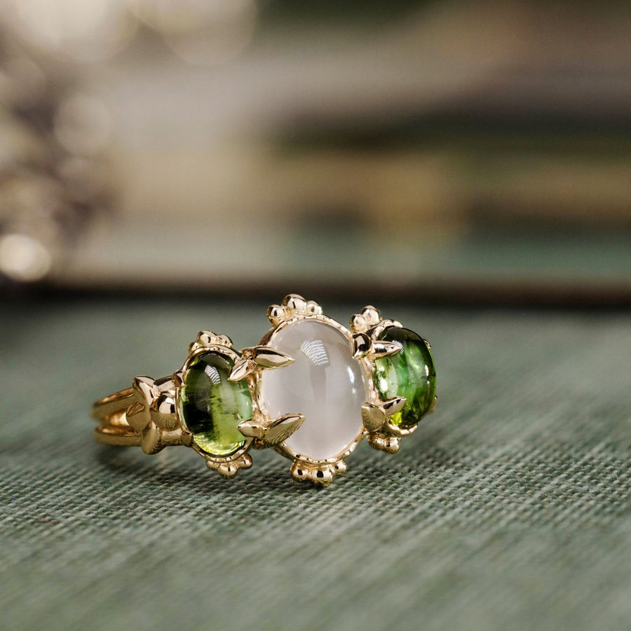 vintage-inspired-three-stone-engagement-ring-oval-moonstone-green-tourmaline-cabochon-stones-the-myzelle-rustic-and-main