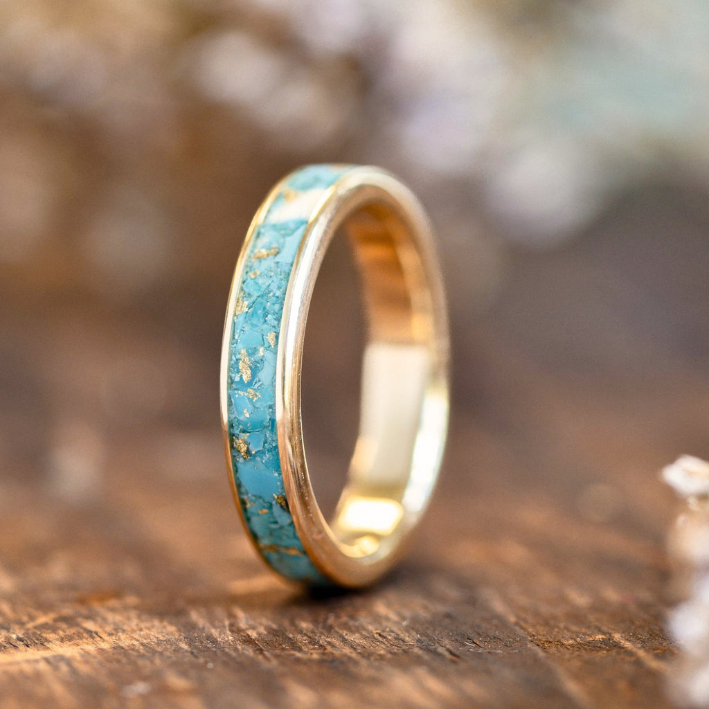 womens gold turquoise ring gold flakes phoenix rustic and