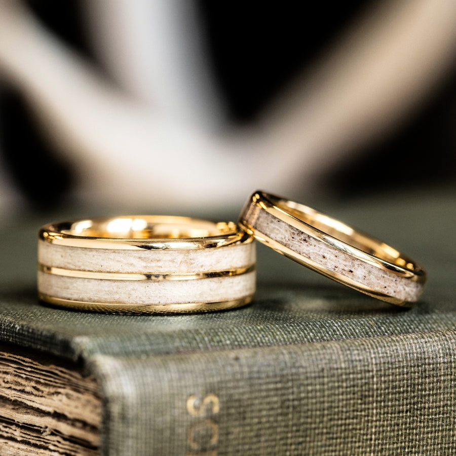 womens-gold-wedding-band-elk-antler-inlay-huntress-handcrafted-rustic-and-main-rings