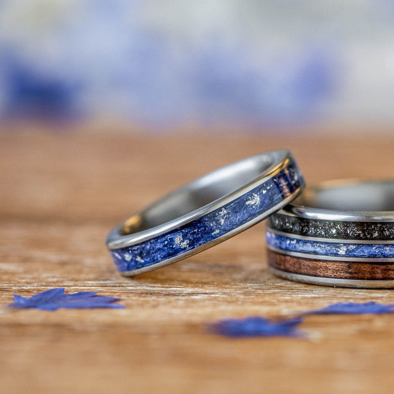 Women's Titanium Ring with Blue Flowers and Silver Flakes – Rustic and Main