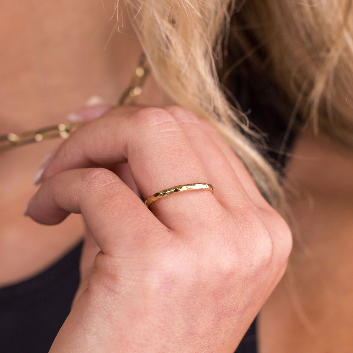 The Rosalind | 2mm Women's Hammered Yellow Gold Stacking Ring