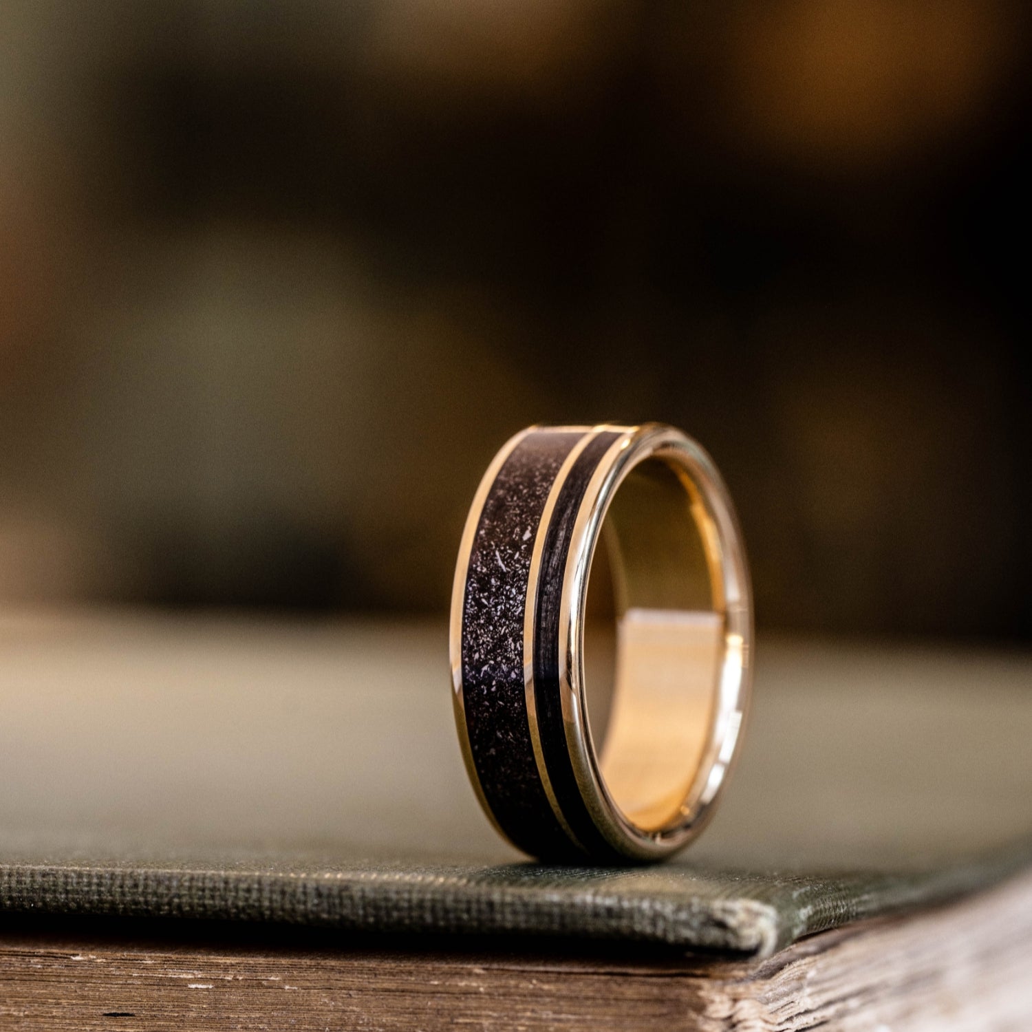 Tungsten Ring for Men Wedding Band Black Sandstone Inlaid Gold Dome