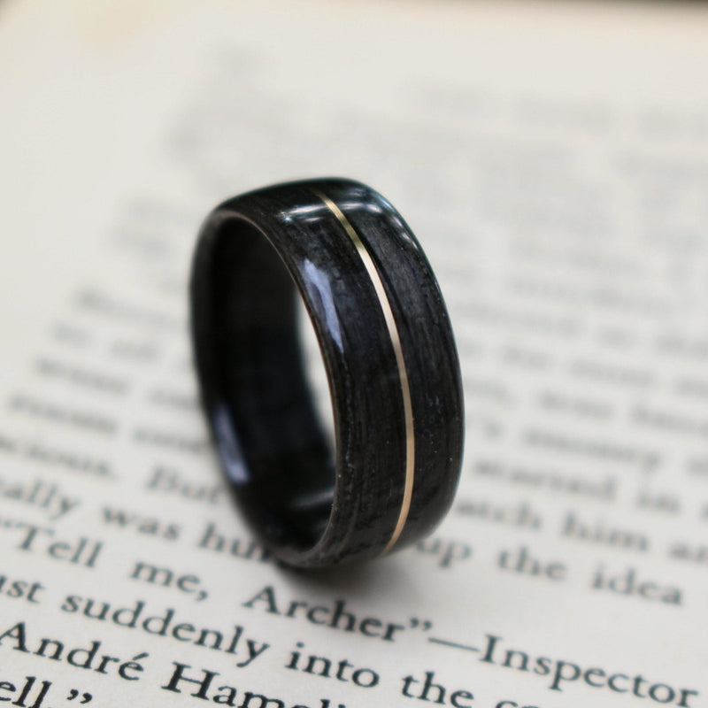 The Whiskey Neat | Men's Black Whiskey Barrel Wood Wedding Band with Metal Inlay