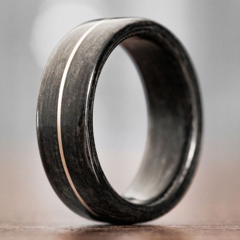 The Whiskey Neat | Men's Black Whiskey Barrel Wood Wedding Band with Metal Inlay