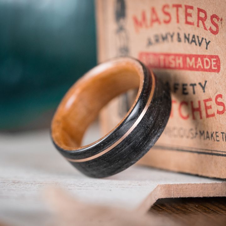 The Old Fashioned | Men's Whiskey Barrel Wood Wedding Band with Black Cherry Liner & Offset Metal Inlay