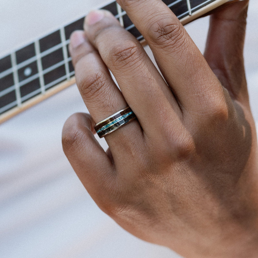The Solstice | Men's Gold Wedding Band with Meteorite, Dinosaur Bone & Turquoise