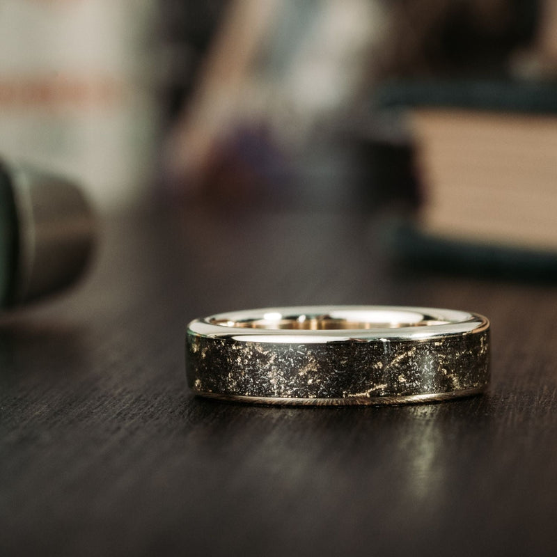 The Stargazer | Men's Gold Wedding Band with Meteorite & Gold Flakes | Rustic and Main