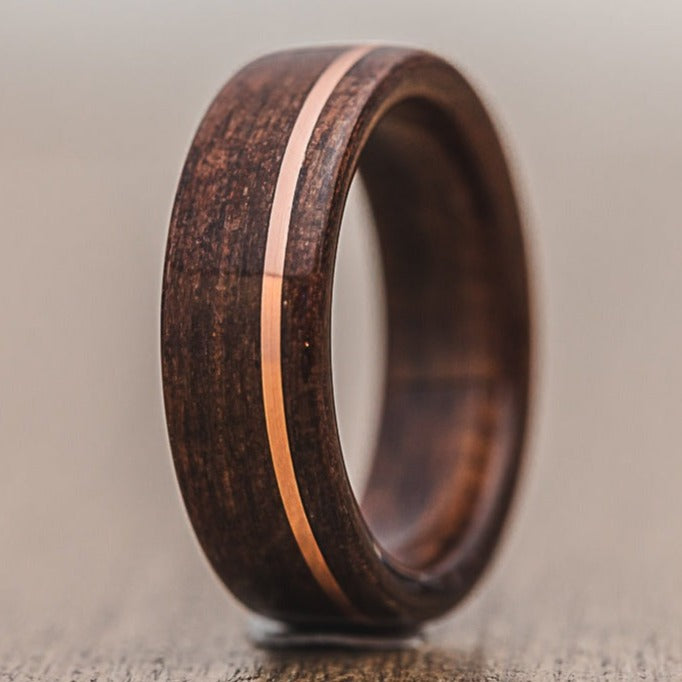 (In-Stock) Antique Walnut & Offset Copper Wood Wedding Band - Size 14 | 8mm Wide
