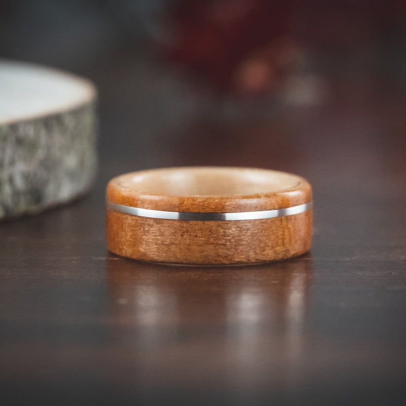 (In-Stock) Black Cherry Wood Ring with Natural Maple Liner & Offset Sterling Silver - Size 9.5 | 8mm Wide