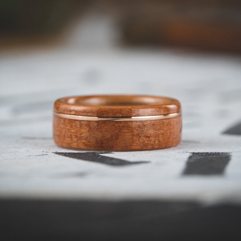 (In-Stock) Black Cherry Wood Ring with Natural Whiskey Barrel Liner & Offset Bronze - Size 9 | 8mm Wide