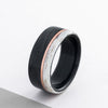 (In-Stock) The Whiskey Canyon | Men's Black Whiskey Barrel & Elk Antler Wedding Band with Offset 14k Rose Gold Inlay - Size 8.5 | 9mm Wide