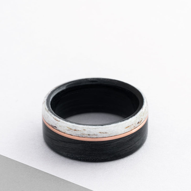 (In-Stock) The Whiskey Canyon | Men's Black Whiskey Barrel & Elk Antler Wedding Band with Offset 14k Rose Gold Inlay - Size 8.5 | 9mm Wide