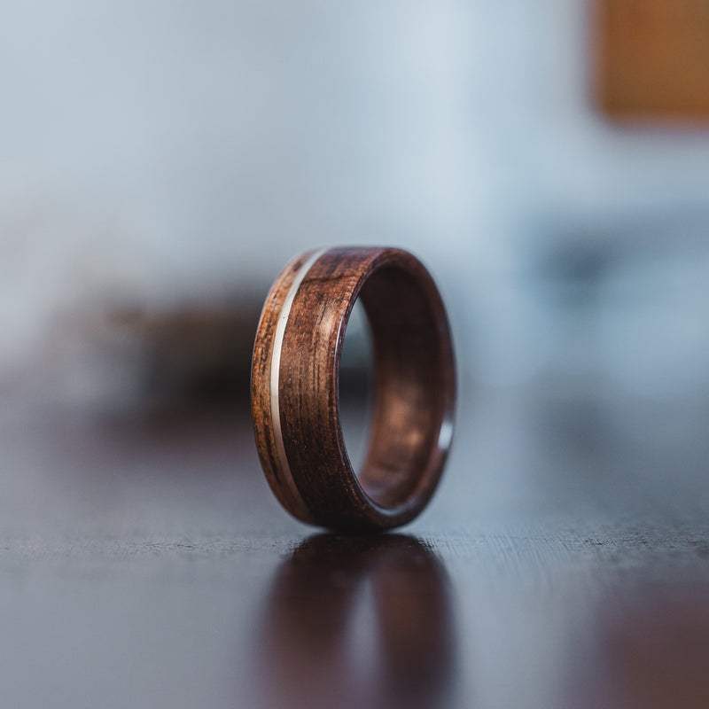 (In-Stock) Antique Walnut Wooden Ring, Offset Sterling Silver, & Chestnut Edge - Size 9.75 | 8mm Wide