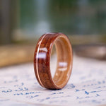 (In-Stock) Iroko Teak Wooden Ring with Natural Whiskey Barrel Liner & Offset Copper - Size 9.25 | 8mm Wide