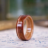 (In-Stock) Iroko Teak Wood Ring with Natural Whiskey Barrel Liner & Offset Copper Inlay - size 9.5 | 8mm wide
