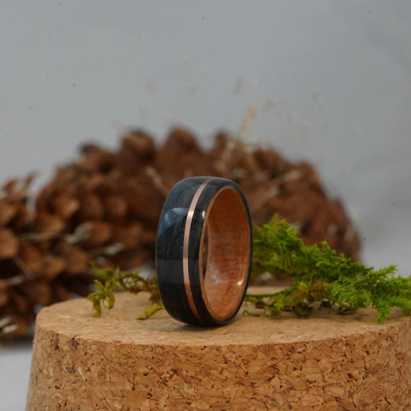 Weathered-Whiskey-Barrel-Wood-Wedding-Band-Natural-Black-Cherry-Liner-Offset-Rose-Gold-Inlay-Size-9-5-8mm-Wide