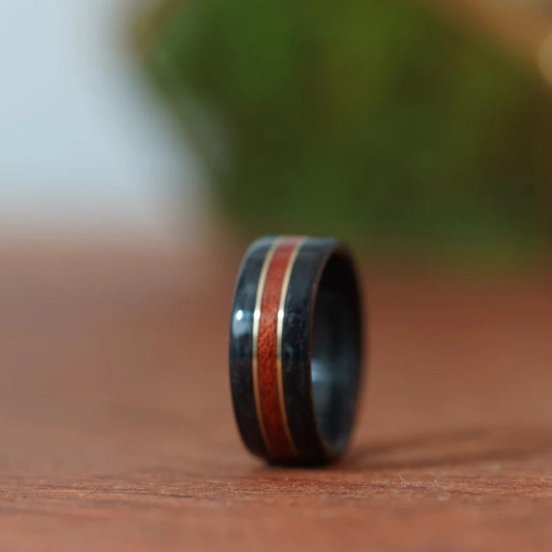 (In-Stock) Weathered Whiskey Barrel Ring, Bloodwood & Dual Brass - Size  9.75 | 9mm Wide