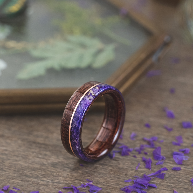 (In-Stock) The Maiden | Women's Walnut Wood Wedding Band with Lavender & Rose Gold Inlay - Size 6.5 / 6mm Wide