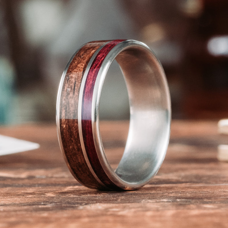 (In-Stock) The Valor | Men's M1 Garand and Purpleheart Wood Titanium Wedding Band - Size 10.5 | 8mm Wide