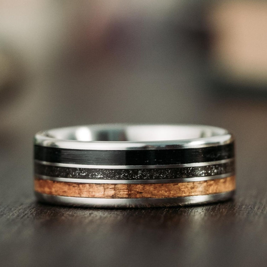 The-mariner-historic-teak-meteorite-weathered-whiskey-barrel-titanium-mens-wedding-band