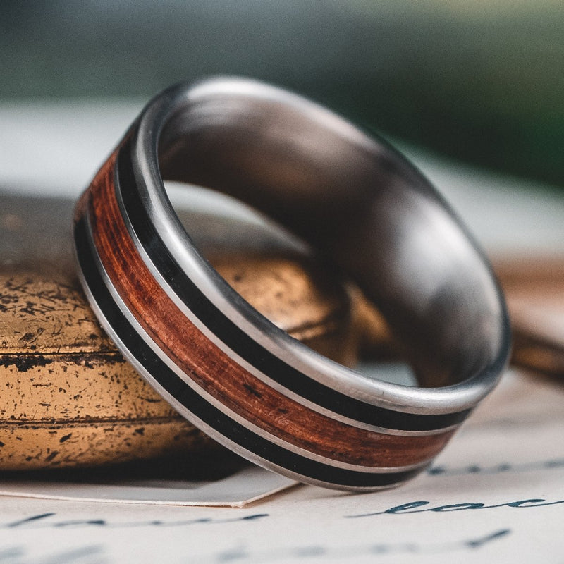 (In-Stock) The Captain | Titanium Wedding Band with Whiskey Barrel & Teak Wood Inlays - Size 10.5 / 8mm Wide
