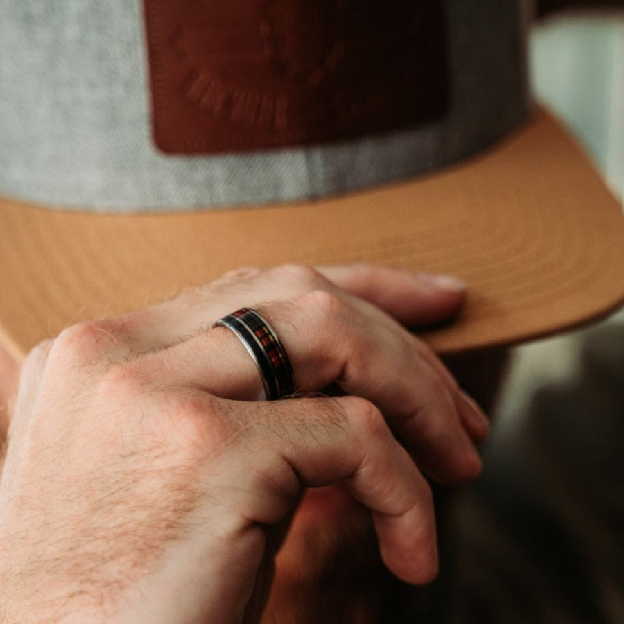 The Celtic | Men's Titanium Wedding Band with Tartan & Whiskey Barrel Wood