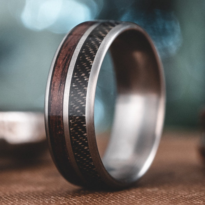(In-Stock) The Great War | Titanium Wedding Band with 1903 Rifle Stock Wood and Military Uniform - Size 7.25 / 8mm Wide