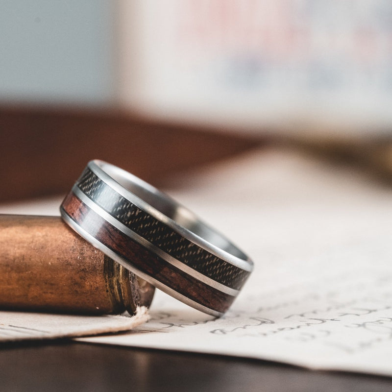(In-Stock) The Great War - Titanium Wedding Band with WWI Uniform & 1903 Springfield Rifle Stock Wood - Size 9.75 | 6mm Wide