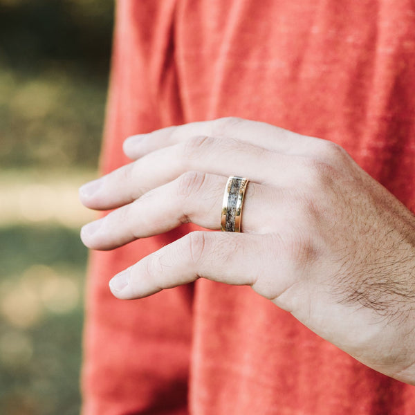 VERTIGO 14K GOLD INLAY WEDDING RING FEATURING A DAMASCUS