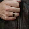 (In-Stock) The Valor - Men's 14k Yellow Gold Wedding Band with M1 Garand & Purple Heart Wood Inlays - Size 10.25 | 8mm Wide