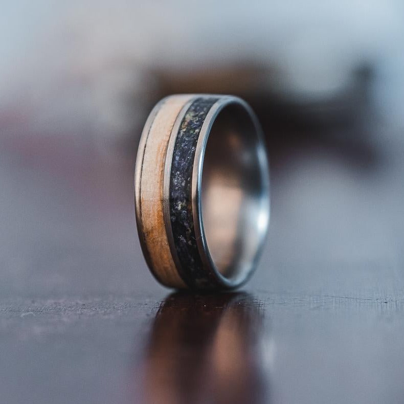(In-Stock) Custom Titanium Wedding Band - Ash Wood & Violet Flowers - Size 8.25 | 8mm Wide