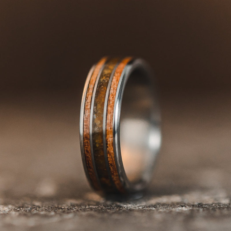(In-Stock) Custom Titanium Ring - Mesquite Wood & Fossilized Amber - Size 6 | 6mm Wide