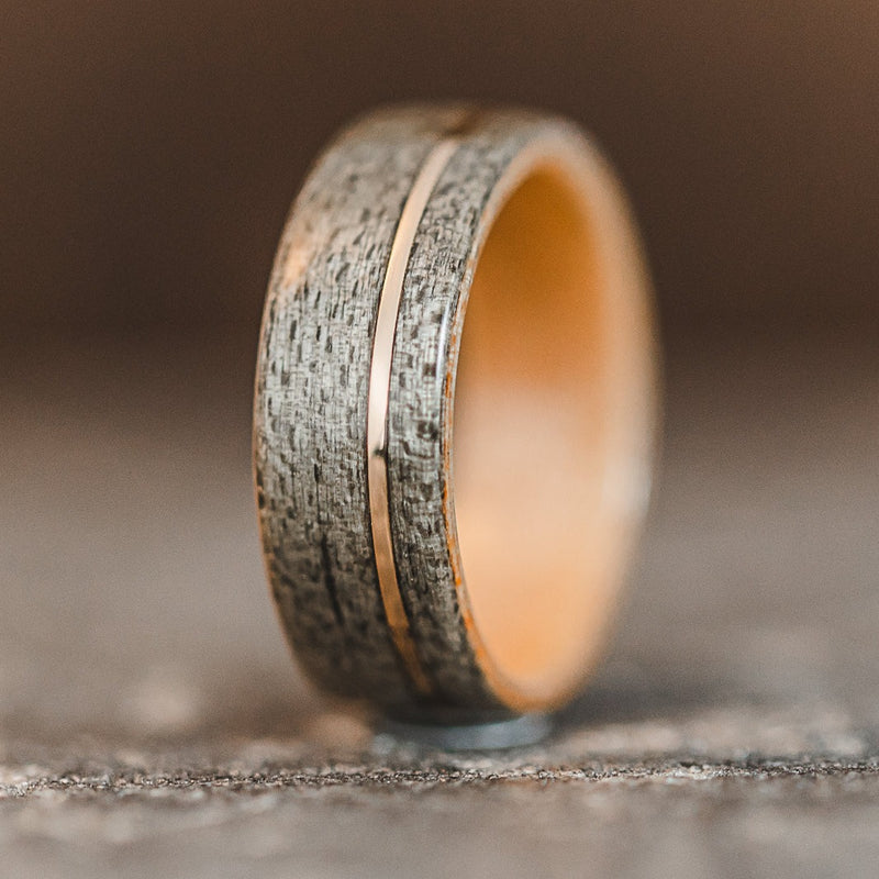 (In-Stock) Weathered Maple Wooden Ring, Natural Maple Liner & Offset Yellow Gold - Size 9.25 | 8mm Wide
