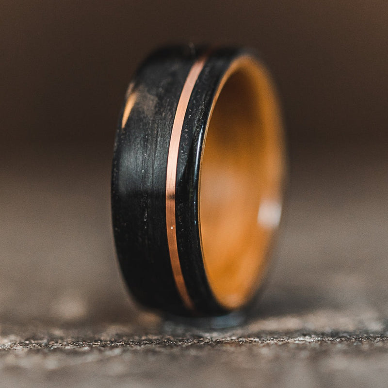(In-Stock) Weathered Whiskey Barrel Ring, Natural Whiskey Barrel Liner & Offset Copper - Size 9.25 | 8mm Wide