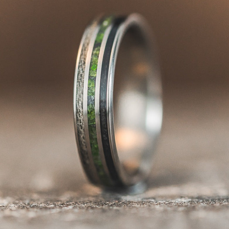 (In-Stock) Custom Titanium Ring with Weathered Maple, Imperial Diopside & Weathered Whiskey Barrel - Size 12.25 | 6mm Wide