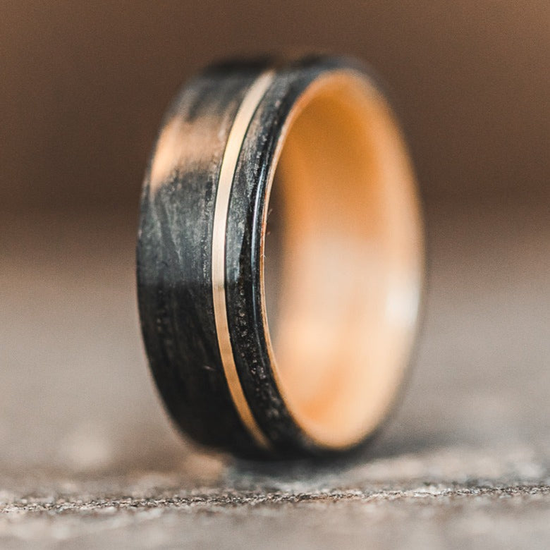 (In-Stock) Weathered Whiskey Barrel Ring, Natural Whiskey Barrel Liner & Offset Yellow Gold - Size 9.75 | 8mm Wide